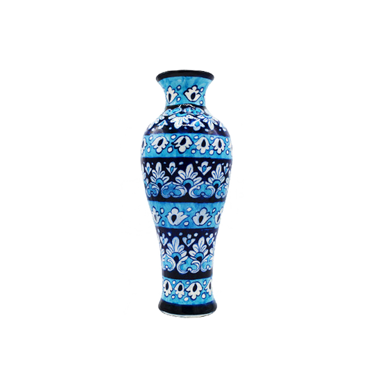 Decorative vase with blue and black floral pattern on a white background