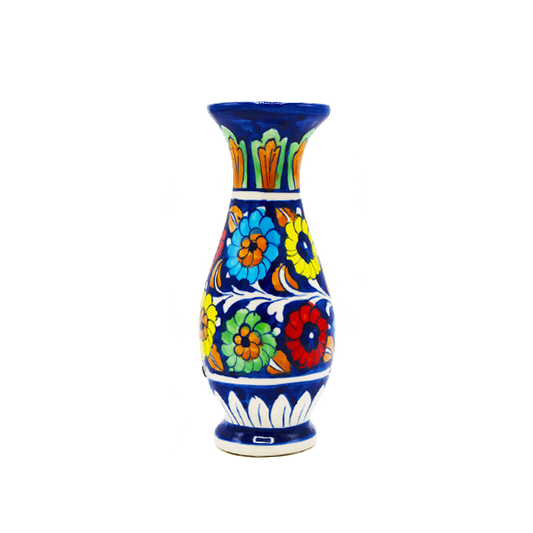 Colorful Decorative narrow neck vase with floral patterns on a white background