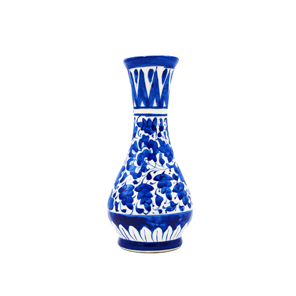 Blue and white floral patterned vase on a white background