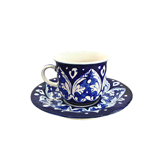 Ceramic cup and saucer with blue and white floral pattern on a white background