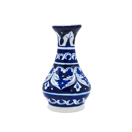 Blue and white ceramic flower vase on a white background