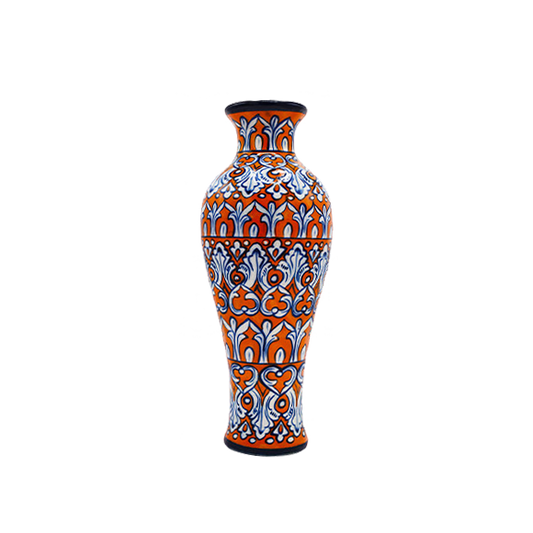 Decorative vase with orange and blue patterns on a white background