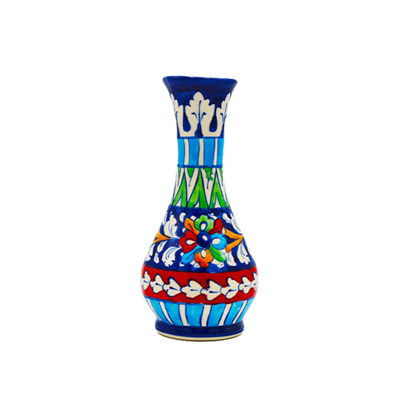 Decorative narrow neck vase with colorful patterns on a white background