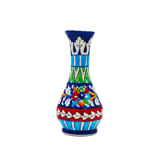 Decorative narrow neck vase with colorful patterns on a white background