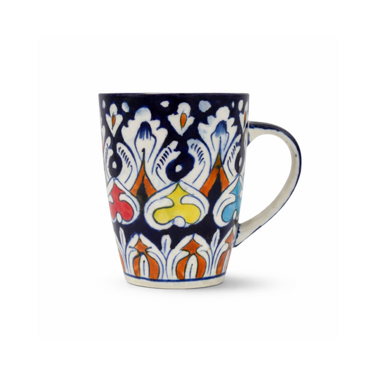 Decorative mug with colorful patterns on a white background
